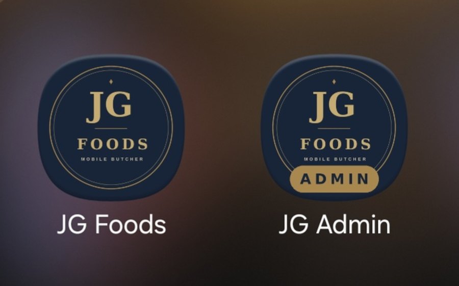JG Foods and JG Admin apps installed side by side on a phone home screen